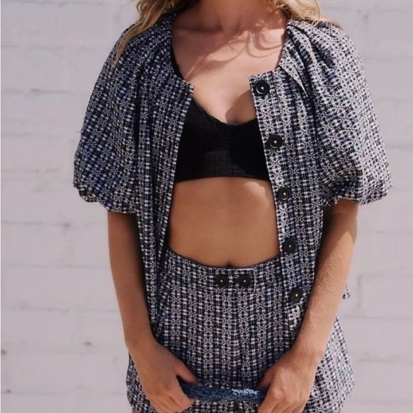 Free People Kiko Set Short Sleeve Top Shorts Relaxed Fit Blue Black Sz M NEW - Picture 1 of 13